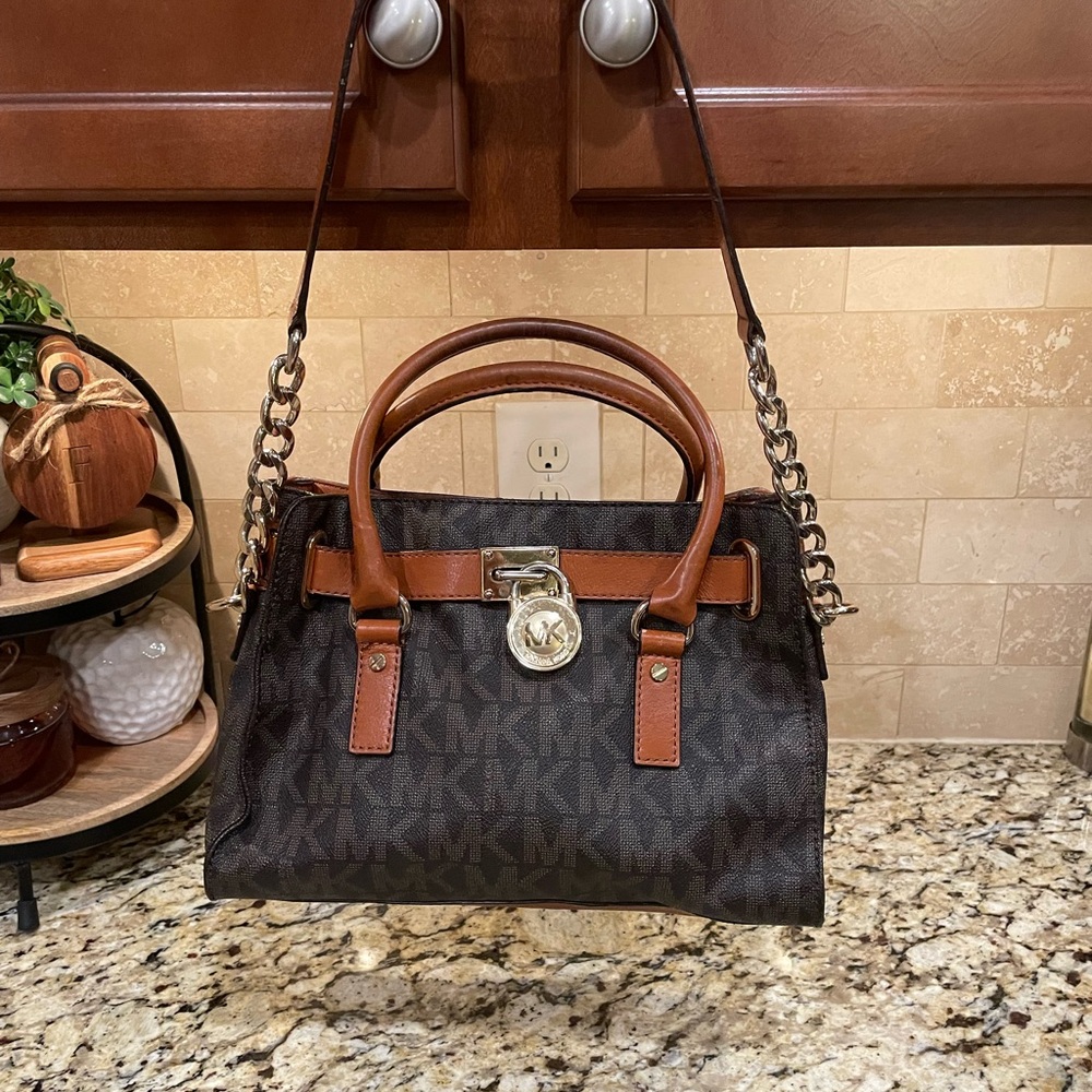 MICHAEL Michael Kors Dark Brown Satchel with Tan Accents